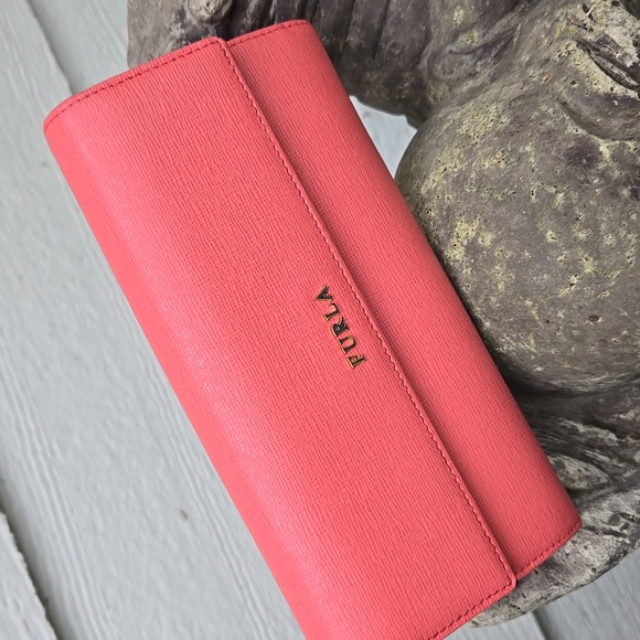 FURLA Italian Safiano Leather Long Wallet EUC Coral Rose - Picture 1 of 16